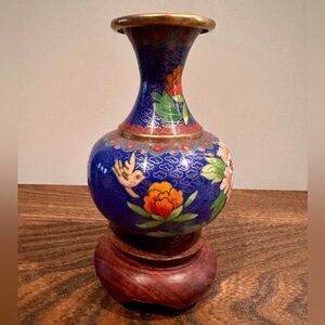 Floral Blue Chinese Cloisonné Vase w/ Stand